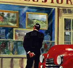 コレクター Louis J. Caldor が グランマ・モーゼスの絵を見つけた時の想像図